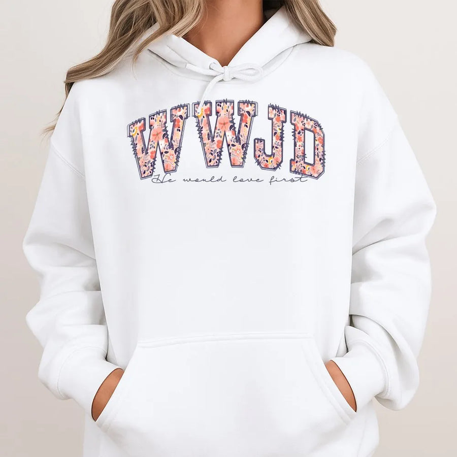 WWJD Christian Hoodie | Floral Varsity Lettering Sweatshirt | Soft Cotton-Poly Blend | Aesthetic Faith Based Religious Gift for Women
