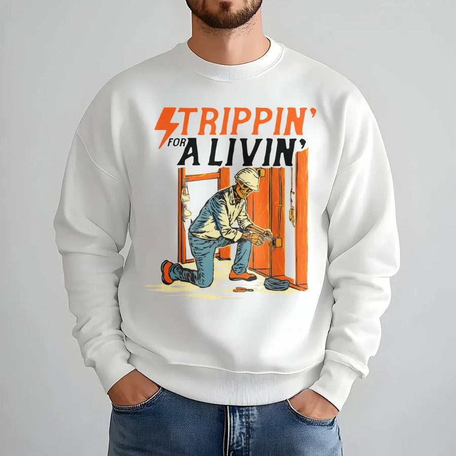Electrician Sweatshirt | Strippin' For A Livin' Skeleton Graphic | Premium Cotton Blend | Funny Blue Collar Trade School Gift For Him