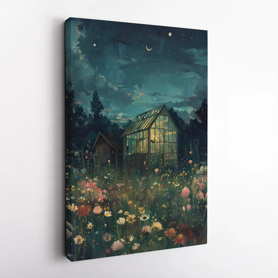 Glowing Greenhouse Wall Art | Whimsical Wildflower Garden Nightscape | Premium Gallery Wrap Canvas | Enchanted Home Decor Gift