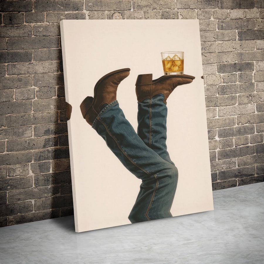 Cowboy Boots Whiskey Glass Canvas Art | Western Humor Wall Decor | Premium 1.25" Gallery Wrap | Man Cave or Bar Gift for Whiskey Lovers