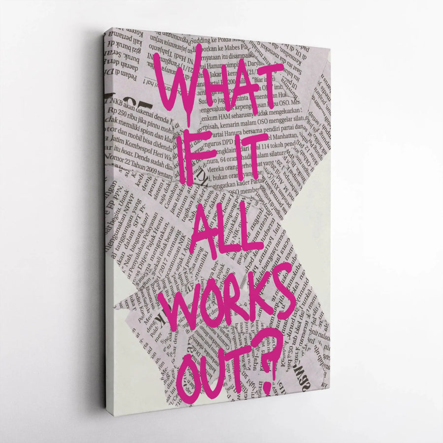 What If It All Works Out Canvas Wall Art | Motivational Newspaper Collage Print | Premium Gallery Wrap Decor | Inspirational Quote Gift for Home Office