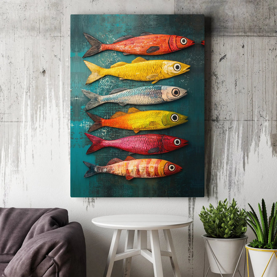 Colorful Fish Folk Art Canvas Print | Rustic Nautical Wall Decor | Premium 1.25-Inch Gallery Wrap | Coastal Living Room Gift