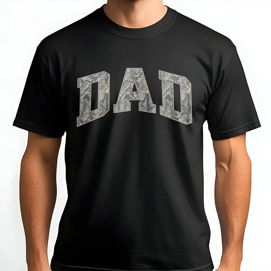 Camo Dad T-Shirt | Woodland Camo Block Letter Print | Soft Cotton Tee | Father's Day Gift for New Dad, Matching Parent Shirts