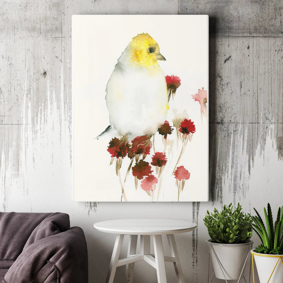 Watercolor Bird Canvas Wall Art | Minimalist Yellow Songbird Painting on Red Flowers | Premium Gallery Wrap | Nature Lover Home Decor Gift