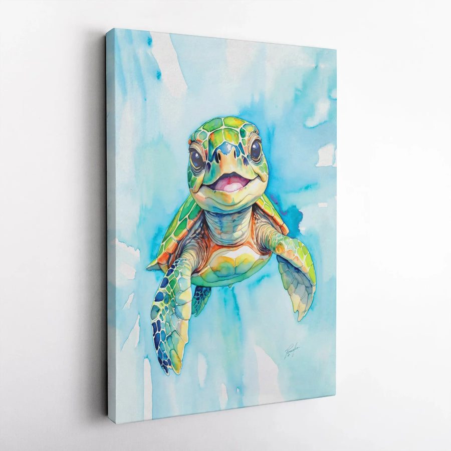 Baby Sea Turtle Wall Art | Vibrant Watercolor Coastal Decor | Premium Gallery Wrap Canvas | Nursery Or Bathroom Gift For Ocean Lovers