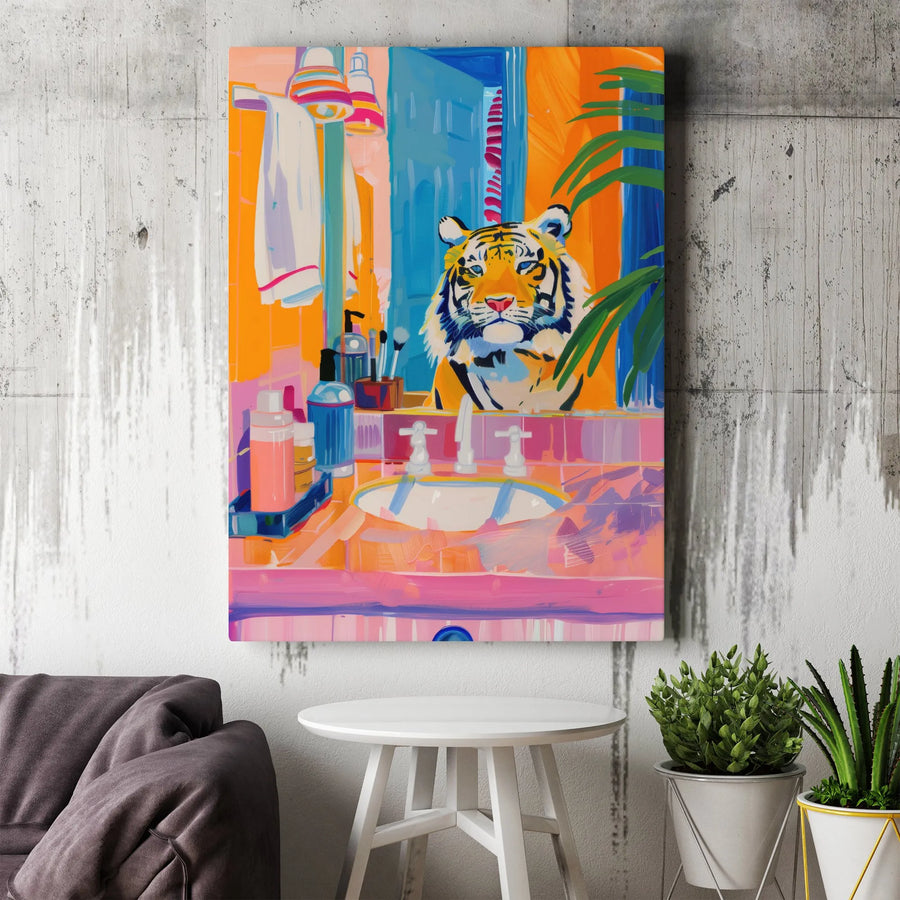 Tiger In The Bathroom Canvas Wall Art | Vibrant Surrealist Animal Painting | Gallery Wrapped 1.25 Inch Wood Frame | Quirky Modern Home Decor Gift