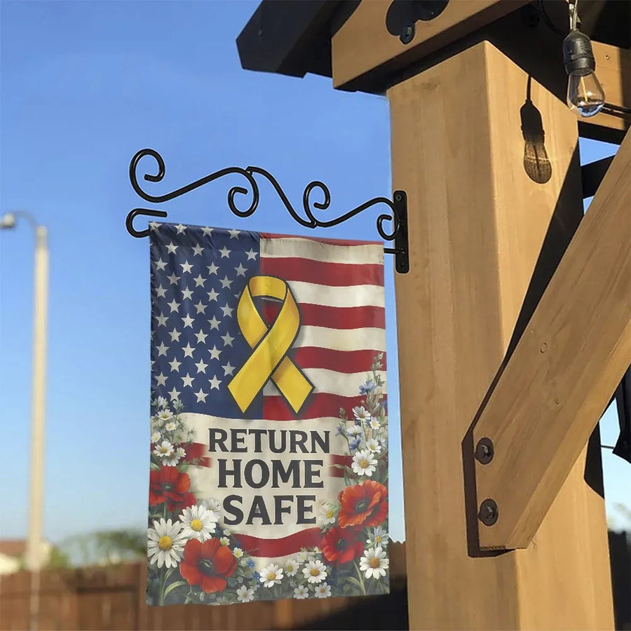 Return Home Safe Garden Flag | American Flag with Yellow Ribbon | Double Sided Weather-Resistant | Patriotic Gift for Military Family