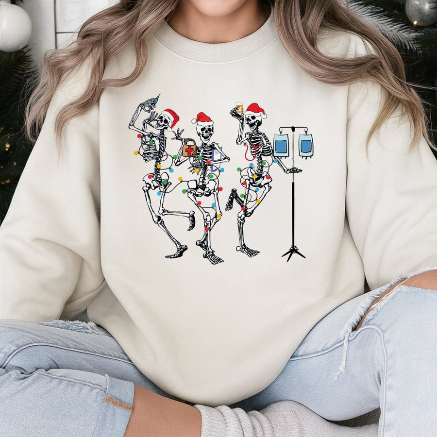 Christmas Nurse Sweatshirt | Dancing Skeletons Holiday Medical Design | Premium Cotton Blend | Funny RN Nursing Student Christmas Gift