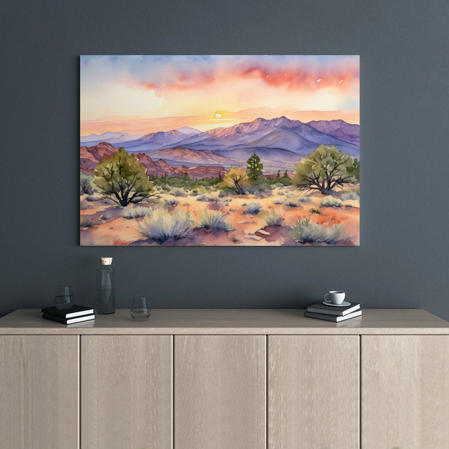 Desert Landscape Canvas Print | Watercolor Sunset Mountains Art | Premium 1.25 Inch Gallery Wrap | Southwestern Home Decor Wall Art