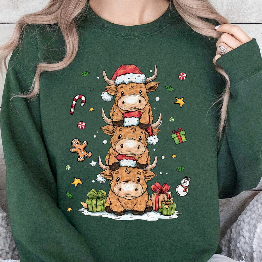 Highland Cow Christmas Sweatshirt | Cute Stacked Cow Festive Graphic | Soft Cotton-Poly Blend | Cozy Holiday Gift for Women and Animal Lovers