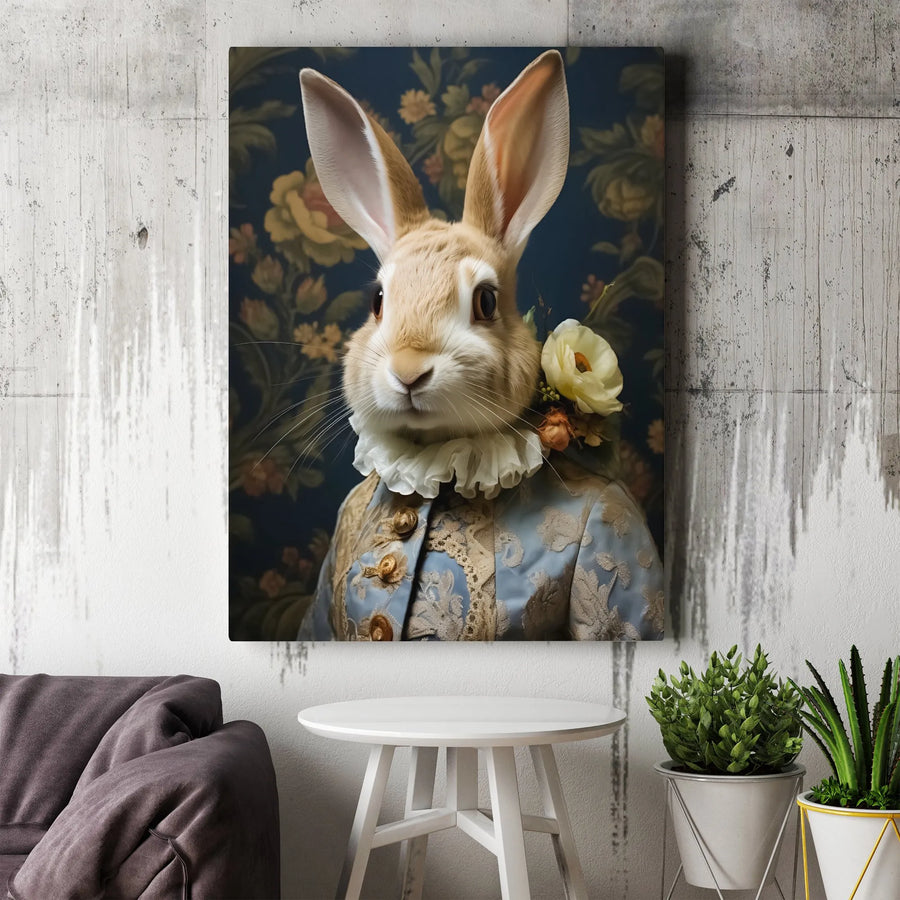 Vintage Rabbit Canvas Wall Art | Anthropomorphic Gentleman Bunny Portrait | Premium Gallery Wrapped Canvas | Whimsical Home Decor Gift