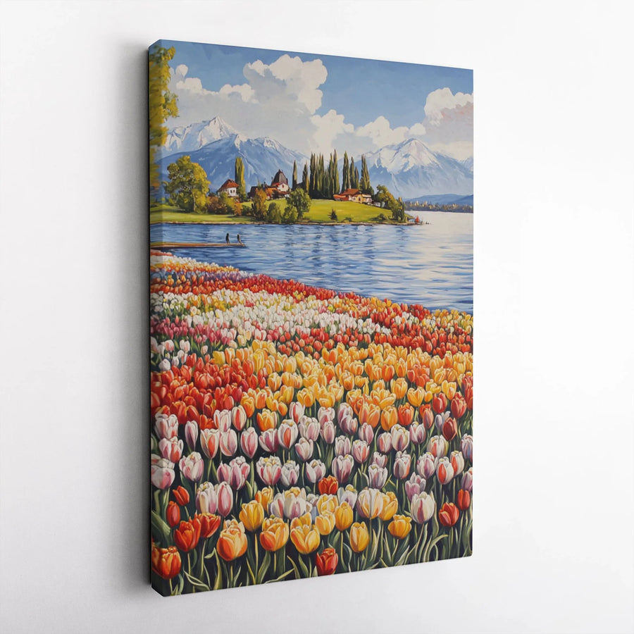Tulip Field Vertical Canvas | Colorful Floral Landscape Painting with Mountain Lake | Premium Thick Gallery Wrap | Living Room Wall Art & Housewarming Gift