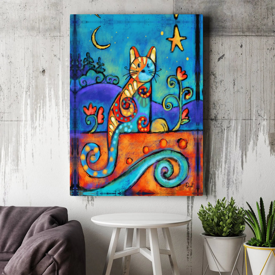 Whimsical Cat Wall Art | Colorful Folk Art Style Illustration | Gallery-Quality Premium Canvas | Unique Animal Lover Gift for Home Decor