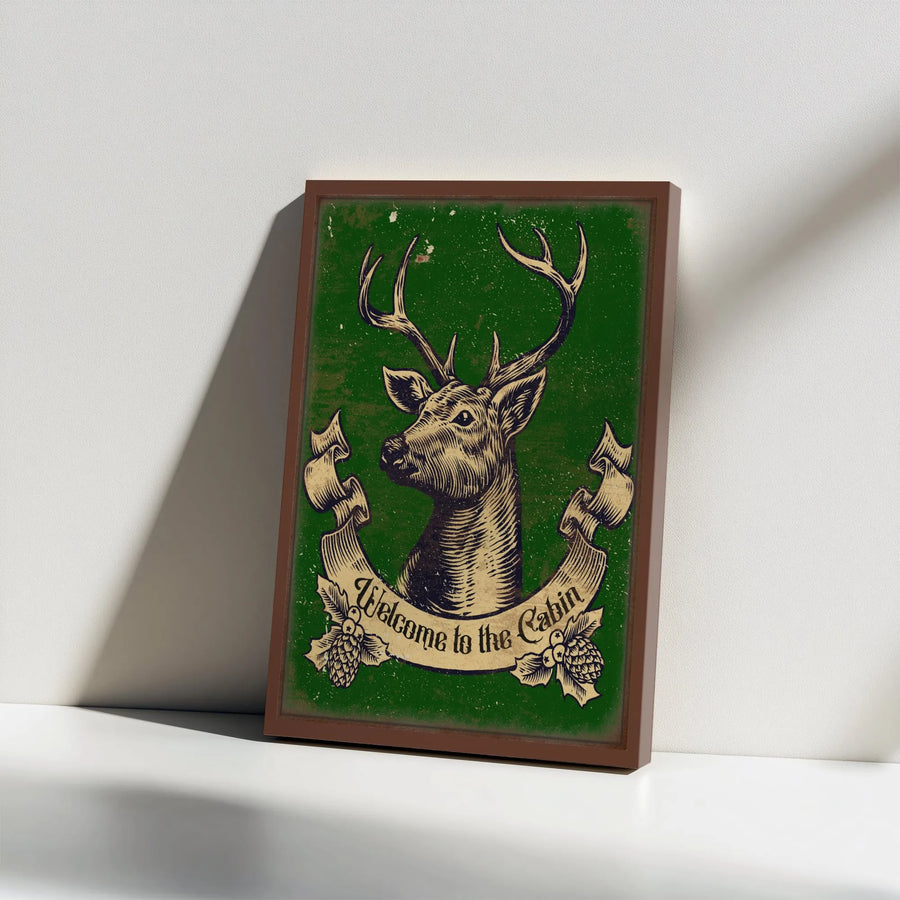 Welcome To The Cabin Canvas | Vintage Deer Head Wall Art | Rustic Lodge Decor | Premium Gallery Wrap Print for Home or Cabin Gift