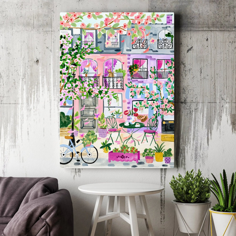 Cherry Blossom Cafe Canvas Wall Art | Watercolor Parisian Street Scene | Premium Gallery-Wrapped Canvas | Living Room Decor Gift for Her