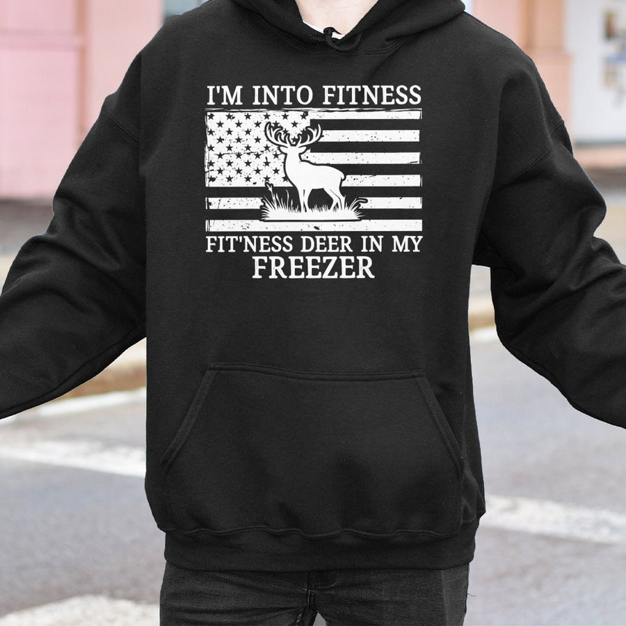 Funny Deer Hunting Hoodie | I'm Into Fitness Deer In My Freezer Graphic | Premium Cotton Blend Apparel | Unique Gift for Hunters & Outdoorsmen