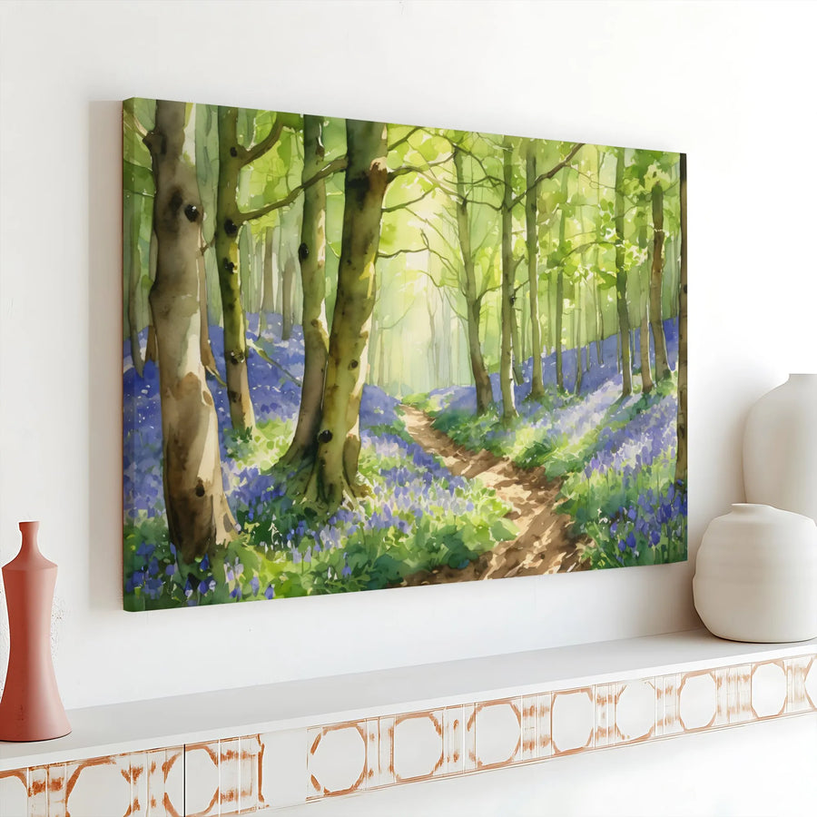 Bluebell Forest Canvas Print | Serene Woodland Path Watercolor Wall Art | Premium 1.25" Thick Gallery Wrap | Calming Nature Decor Gift for Living Room