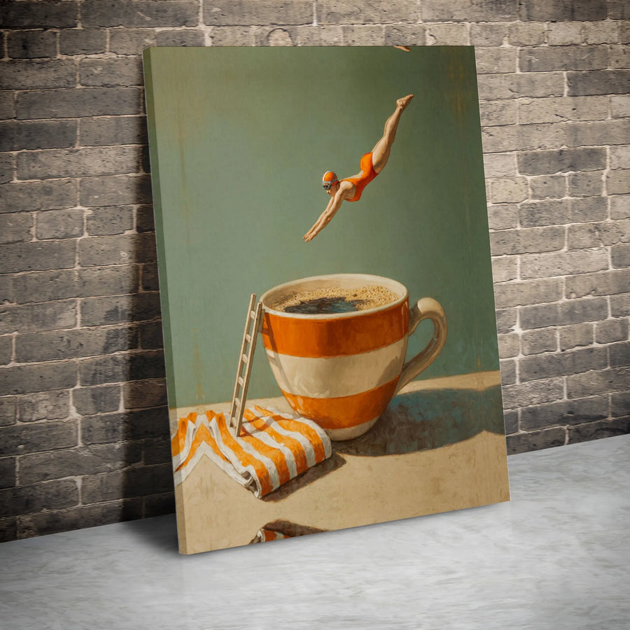 Surreal Coffee Dive Canvas Art | Vintage Swimmer & Striped Cup Print | Premium Fade-Resistant Canvas | Gift for Coffee Lovers & Kitchen Decor