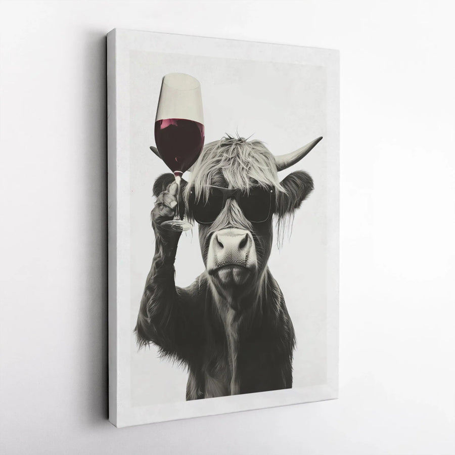 Highland Cow Wall Art | Funny Animal Portrait With Wine | Premium Gallery Wrap Canvas | Rustic Modern Farmhouse Home Decor Gift