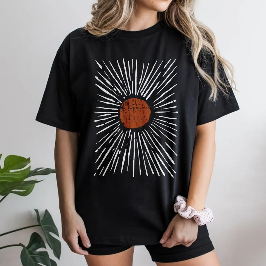 Sunburst Graphic T-Shirt | Distressed Retro Solar Design | Premium 100% Cotton Tee | Bohemian Aesthetic Gift for Men and Women
