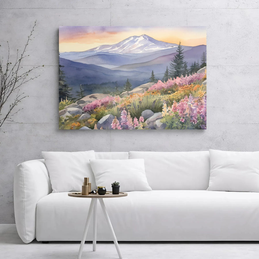 Watercolor Mountain Canvas Art | Wildflower Landscape Print | Premium 1.25" Gallery Wrap | Nature Wall Decor for Home Office