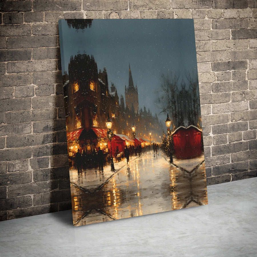 Christmas Market Canvas Wall Art | Snowy European Village Night Scene | Gallery Wrap Premium Print | Cozy Holiday Home Decor Gift