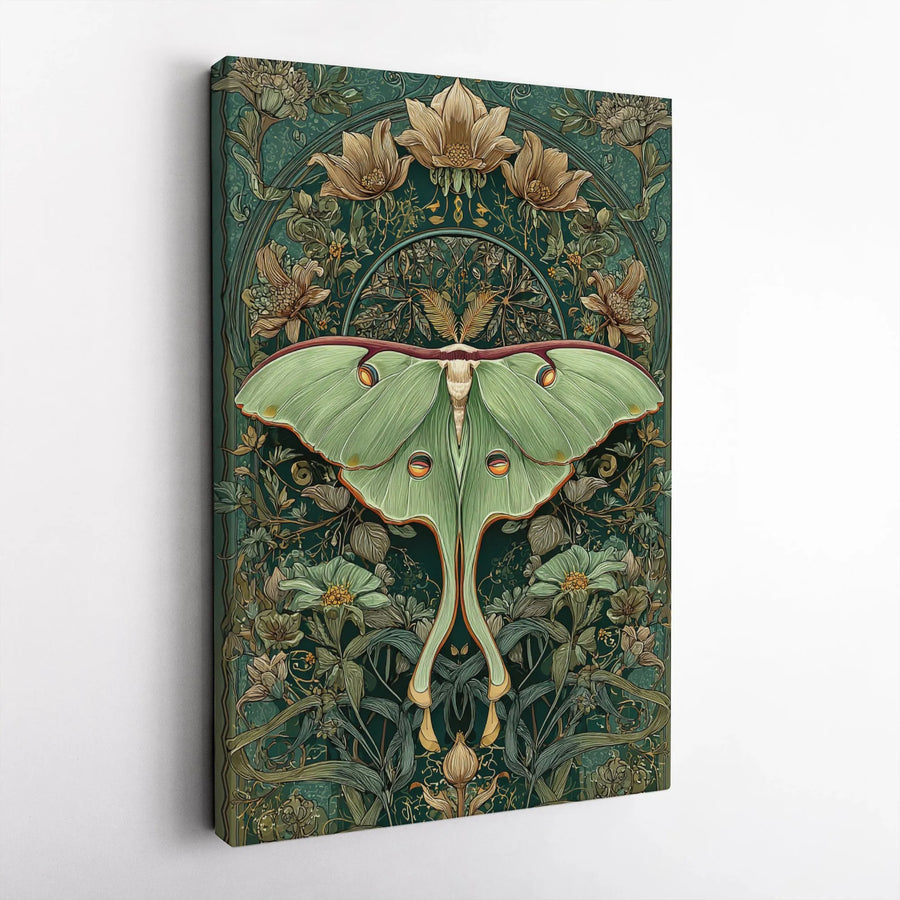Art Nouveau Luna Moth Canvas Print | Botanical Forest Green Wall Art | Premium Gallery Wrapped Decor | Nature Lover Gift Idea