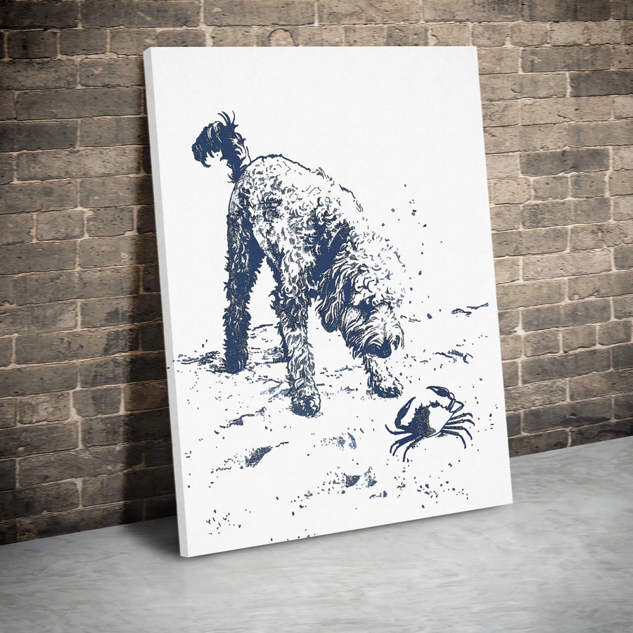 Goldendoodle Dog Canvas Art | Beach Day Crab Sketch Print | Premium Gallery Wrap Wall Decor | Coastal Dog Lover Gift