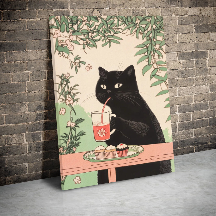 Japanese Style Black Cat Wall Art | Whimsical Cafe Scene Canvas | Premium Gallery Wrap Decor | Gift for Cat Lovers & Kitchen Decor
