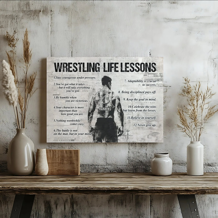Wrestling Life Lessons Horizontal Canvas | Inspirational Wrestler Wall Art with 12 Rules | Premium 1.25” Thick Gallery Style Print | Motivational Sport Gift for Athlete, Boys Room Decor
