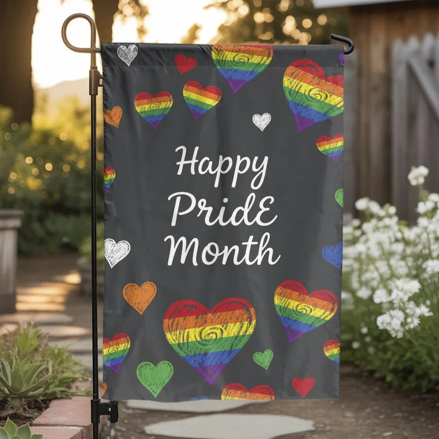 Happy Pride Month Garden Flag | Double Sided Chalkboard Rainbow Hearts Design | Weather Resistant Premium Polyester | LGBTQ+ Community Support Outdoor Yard Decor Gift