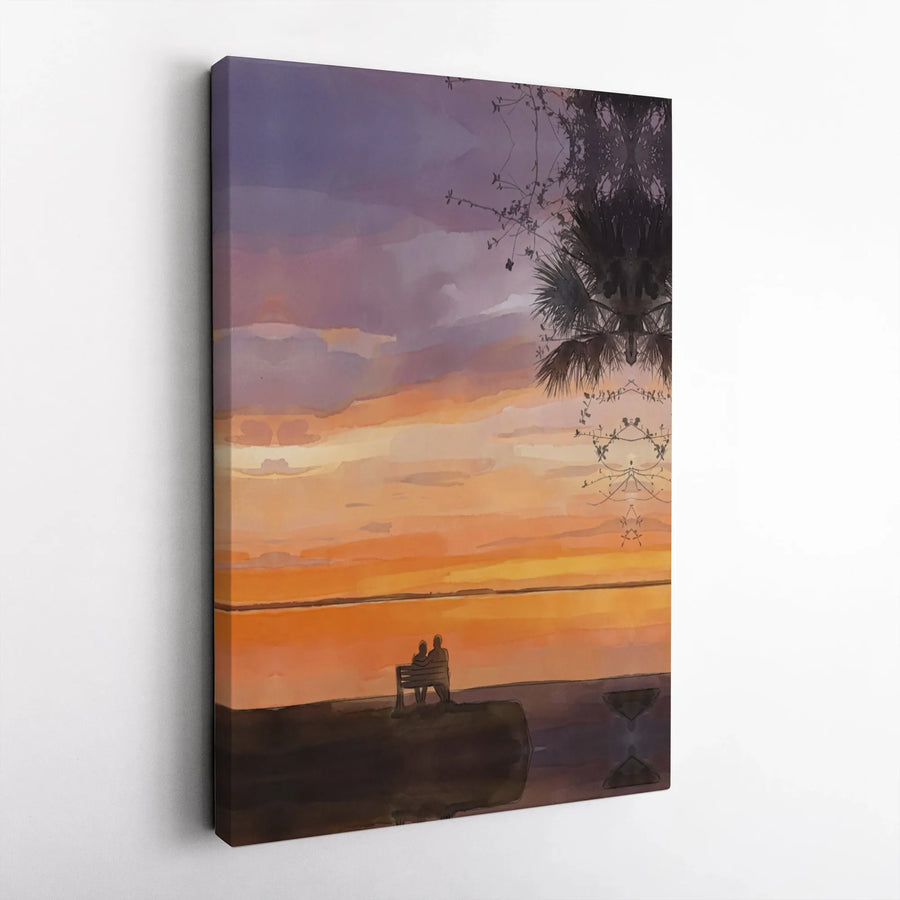 Sunset Beach Couple Canvas Wall Art | Romantic Watercolor Seascape Print | Premium Gallery Wrapped Decor | Anniversary Gift for Couples