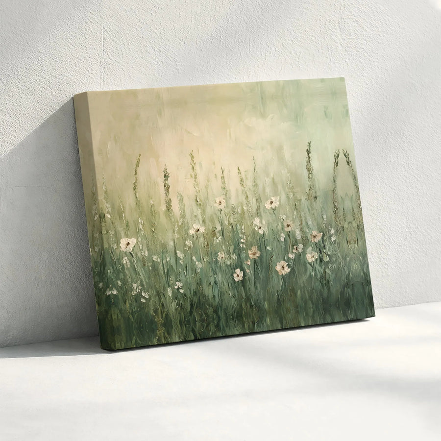 Sage Green Wildflower Meadow Canvas Wall Art | Impressionist Botanical Landscape | Premium Gallery Wrapped Print | Modern Minimalist Home Decor Gift