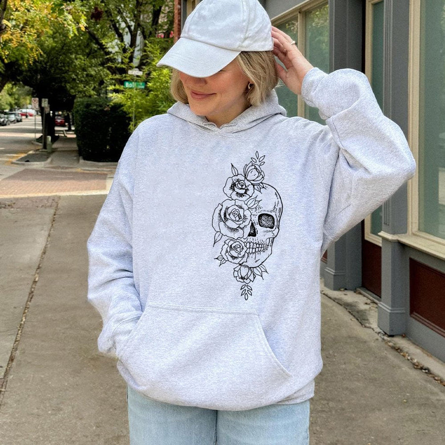 Skull and Roses Hoodie | Gothic Floral Graphic Sweatshirt | Premium Cotton Blend Pullover | Edgy Aesthetic Gift for Women and Men