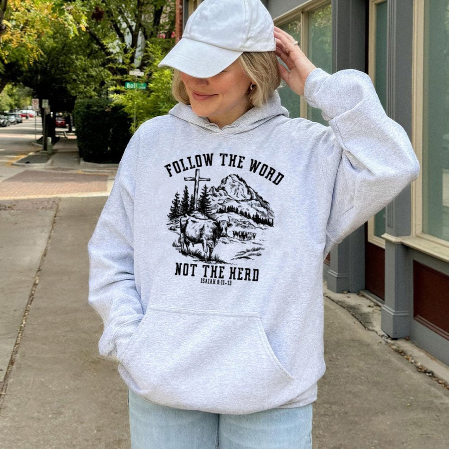 Follow The Word Not The Herd Hoodie | Christian Scripture Cross Graphic | Premium Cotton Blend Sweatshirt | Religious Faith Gift For Believers
