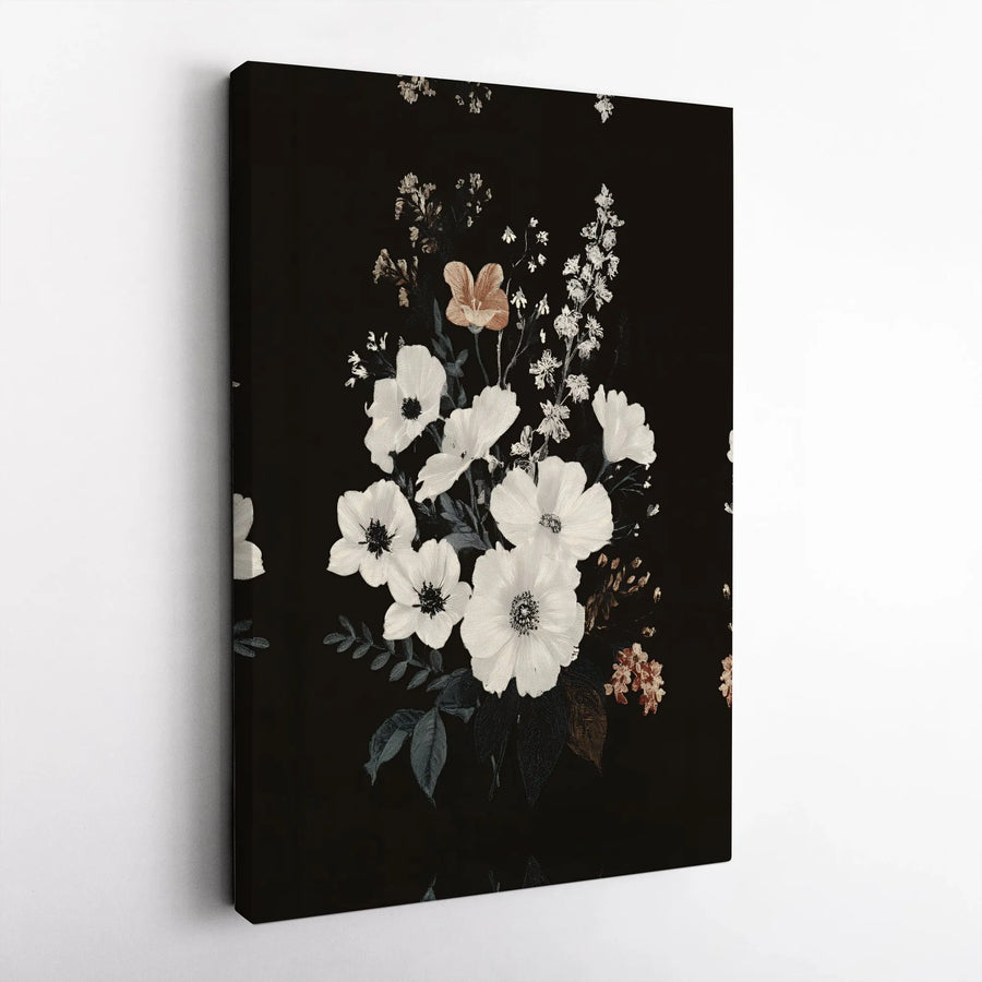 Moody Botanical Canvas Art | White Floral Bouquet on Black Background | Premium Fade-Resistant Gallery Wrap | Elegant Home Decor Gift