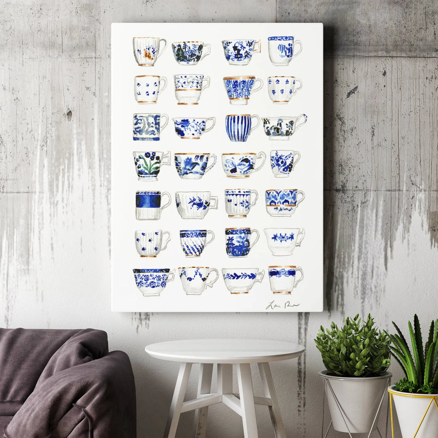 Chinoiserie Teacup Canvas Wall Art | Blue & White Watercolor Porcelain Pattern | Premium Gallery Print | Kitchen & Dining Room Decor Gift for Tea Lover