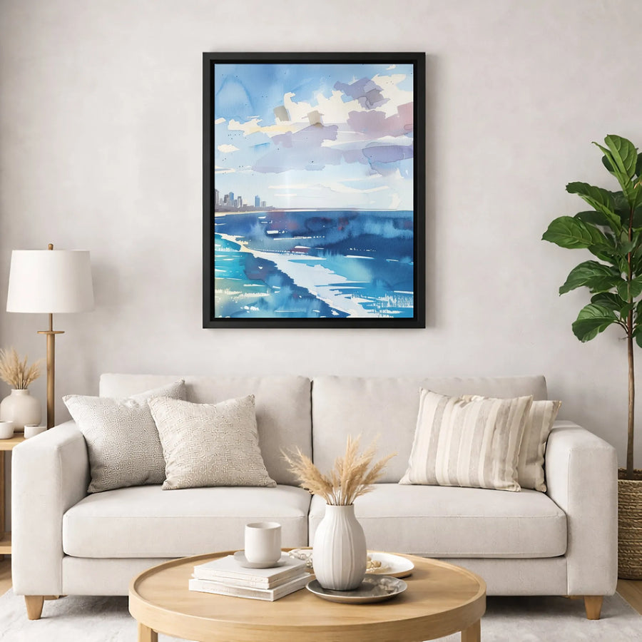 Coastal City Skyline Canvas Print | Abstract Watercolor Ocean Beach Scene | Premium 1.25-Inch Gallery Wrap | Modern Home Decor Wall Art Gift