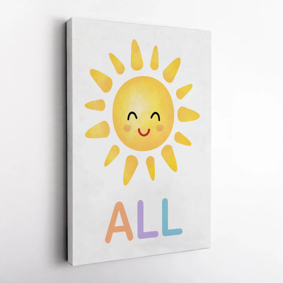 Cute Smiling Sun Wall Art | Watercolor Nursery Decor | 1.25 Inch Premium Canvas | Kids Room Sunshine Print Decor