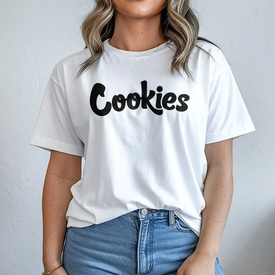 Cookies Graphic T-Shirt | Minimalist Script Font Design | 100% Soft Cotton | Funny Foodie Gift for Cookie Lovers