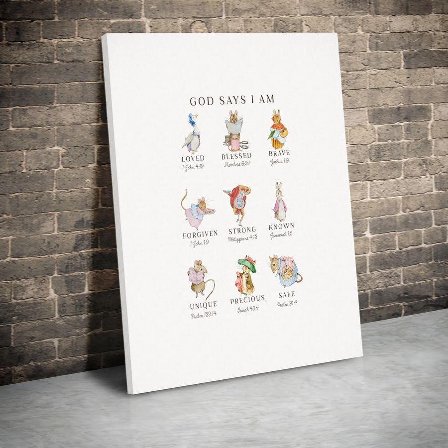 God Says I Am Wall Art | Christian Nursery Decor with Watercolor Woodland Animals | Premium Gallery Canvas | Meaningful Religious Gift for Kids