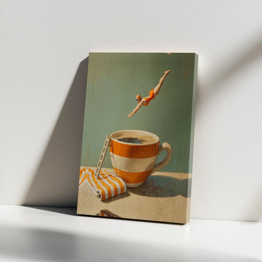 Surreal Coffee Cup Canvas Wall Art | Diving Woman Illustration | Premium Gallery Wrapped Print | Unique Kitchen & Office Decor Gift