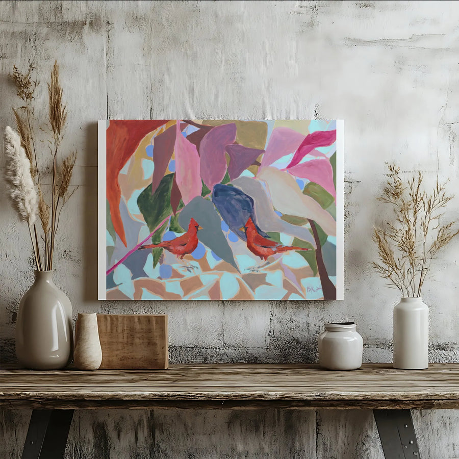 Cardinal Birds Canvas Wall Art | Abstract Soulmate Painting Print | Premium Fade-Resistant Canvas | Modern Bird Lover Home Decor Gift