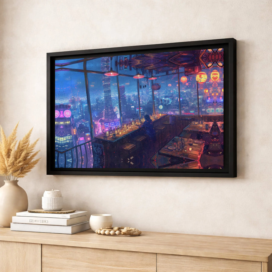 Cyberpunk Cityscape Canvas Art | Rainy Neon Bar Nightlife View | Gallery Quality Fade-Resistant Print | Urban Gaming Room Decor Wall Gift