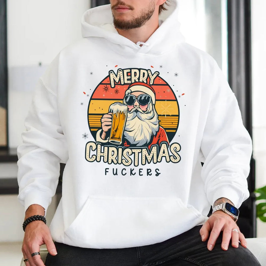 Funny Santa Hoodie | Retro Beer Drinking Santa Graphic | Premium Unisex Fleece Pullover | Offensive Sarcastic Christmas Gift For Adults