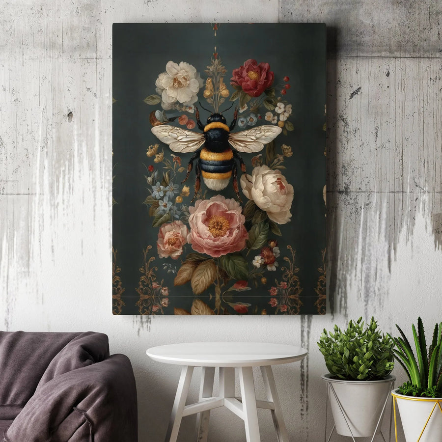 Bumblebee Floral Canvas Art | Moody Dark Botanical Peony Print | 1.25-Inch Premium Gallery Wrap | Nature Lover Gift Wall Decor