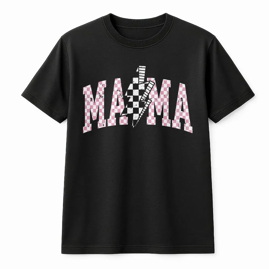 Retro Mama T-Shirt | Checkerboard Lightning Bolt Varsity Graphic | Soft Cotton Blend | Mothers Day Gift for New Mom