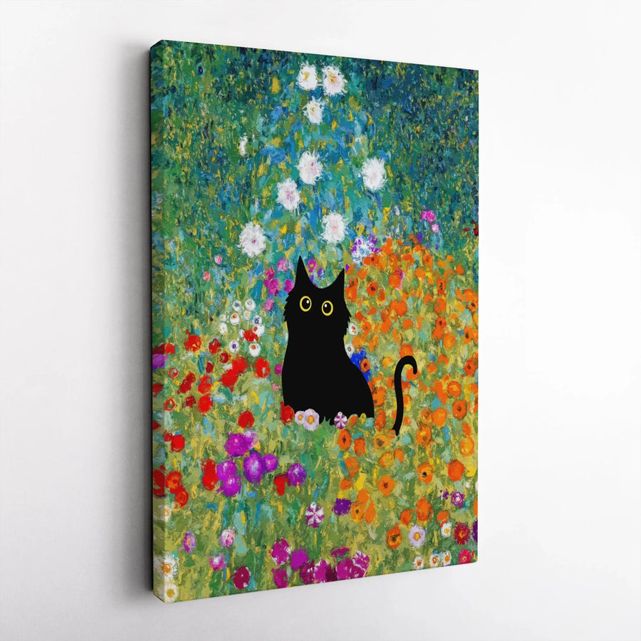 Black Cat Wall Art | Impressionist Flower Garden Painting | Gallery-Quality 1.25" Thick Canvas Print | Whimsical Nature Decor Gift