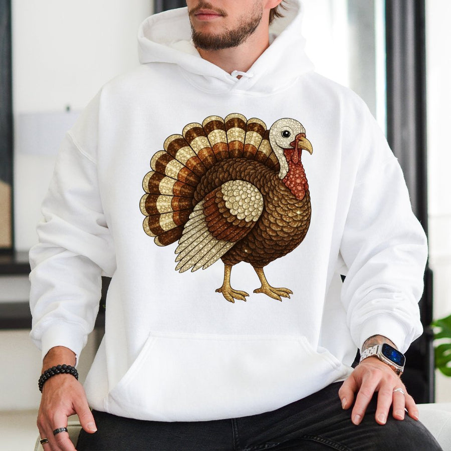 Thanksgiving Turkey Hoodie | Faux Glitter Mosaic Design | Premium Cotton Blend | Fall Holiday Gift for Women and Men