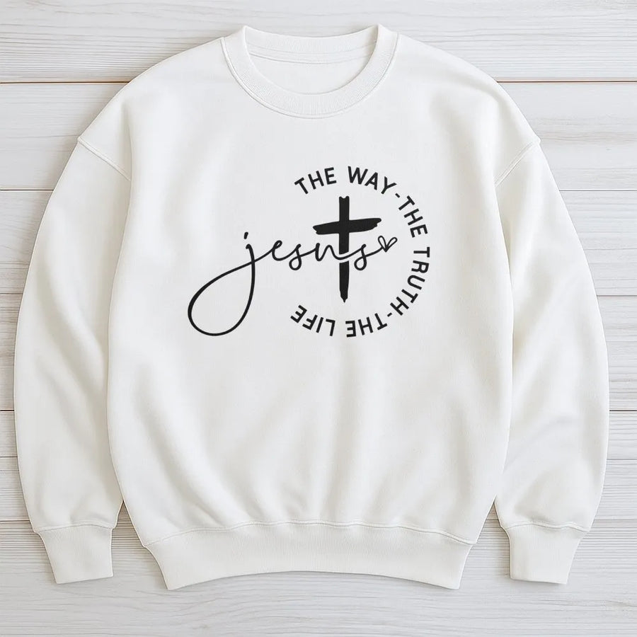 Jesus The Way The Truth The Life Sweatshirt | Minimalist Cross Script Design | Premium Cotton Blend Crewneck | Religious Faith Gift For Him Or Her